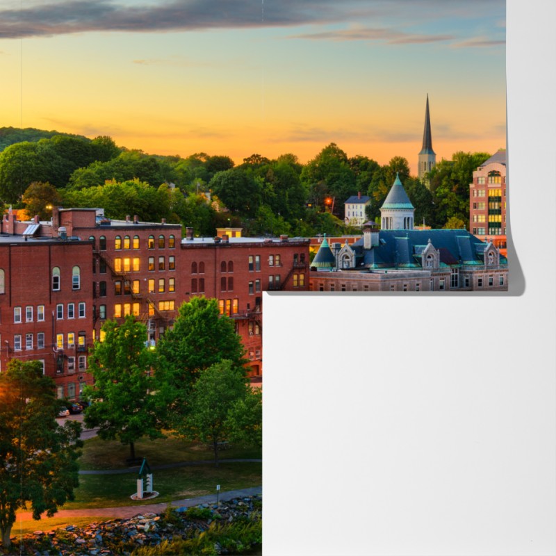 Fototapeta Augusta panorama miasta przy rzece Kennebec o zachodzie słońca – Wallissimo® Fototapeta Augusta panorama miasta przy rzece Kennebec o zachodzie słońca – Wallissimo®