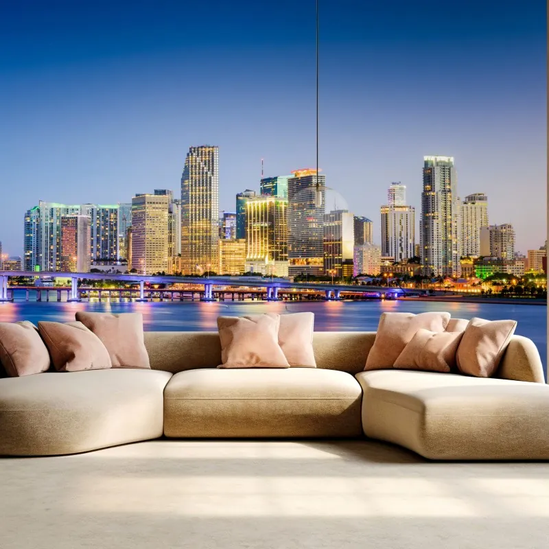 Fototapeta Miami panorama miasta o zmierzchu – Wallissimo® Fototapeta Miami panorama miasta o zmierzchu – Wallissimo®