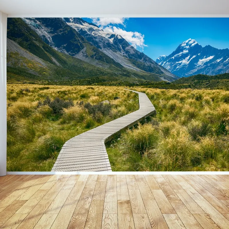 Fototapeta kładka przez łąkę prowadząca do ośnieżonych szczytów