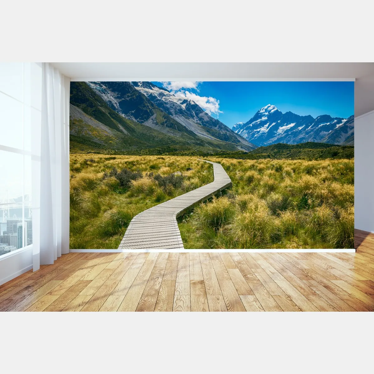 Fototapeta kładka przez łąkę prowadząca do ośnieżonych szczytów – Wallissimo® Fototapeta kładka przez łąkę prowadząca do ośnieżonych szczytów – Wallissimo®