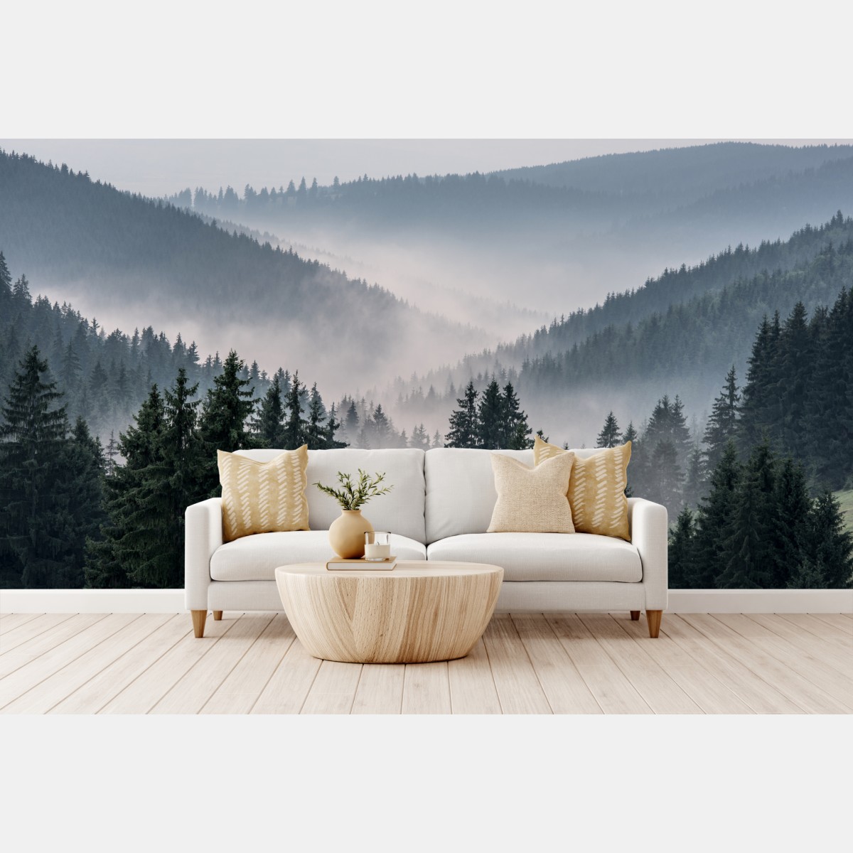Wall mural misty mountain forest panorama