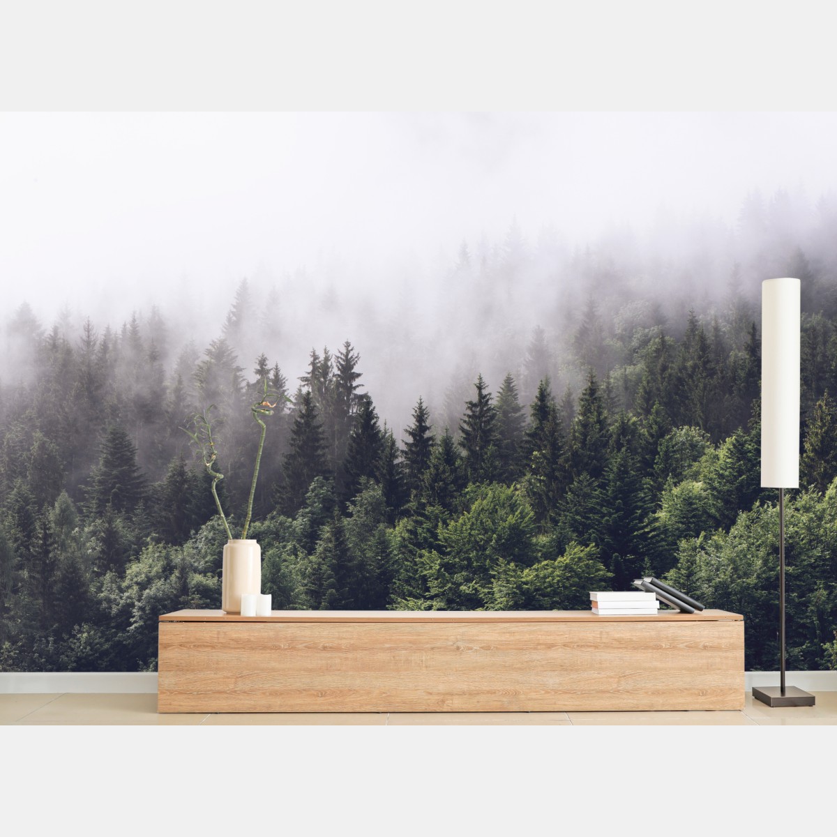 Wall mural misty conifer forest on a mountain slope