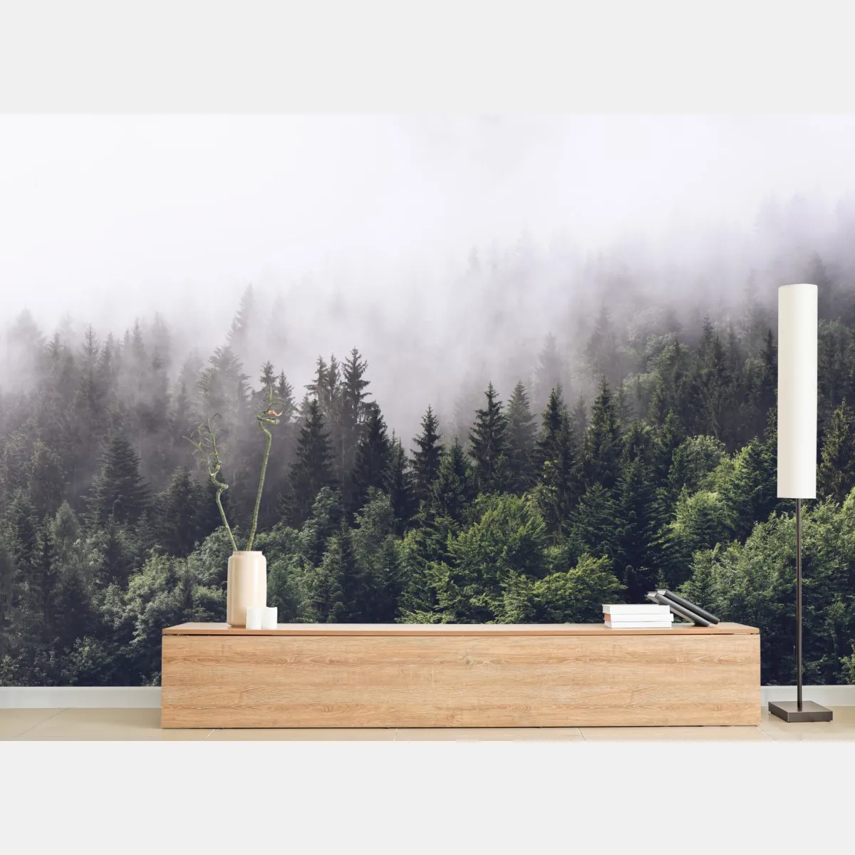 Fototapeta mglisty las iglasty na górskim zboczu – Wallissimo® Fototapeta mglisty las iglasty na górskim zboczu – Wallissimo®