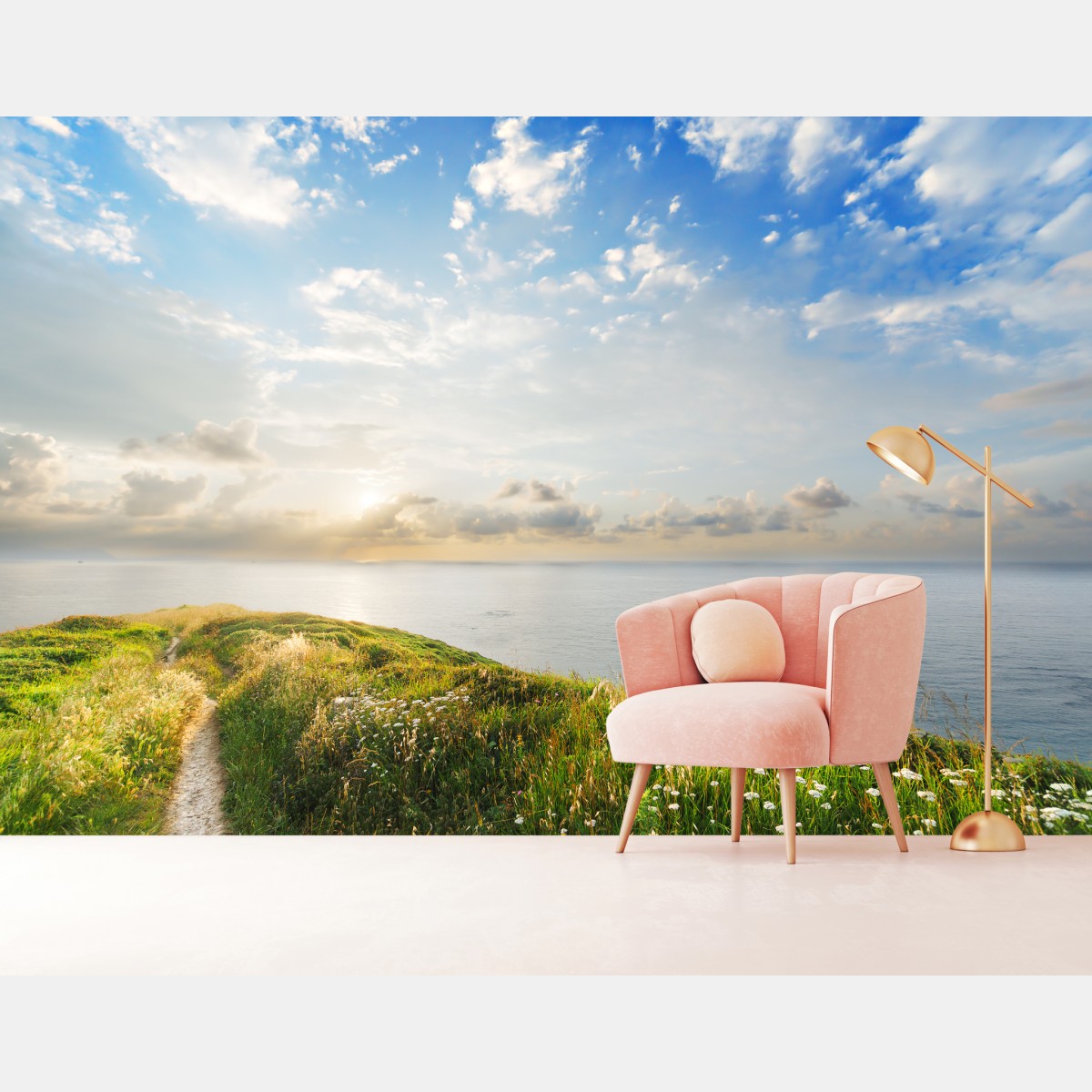 Wall mural sunlit coastal path to the sea