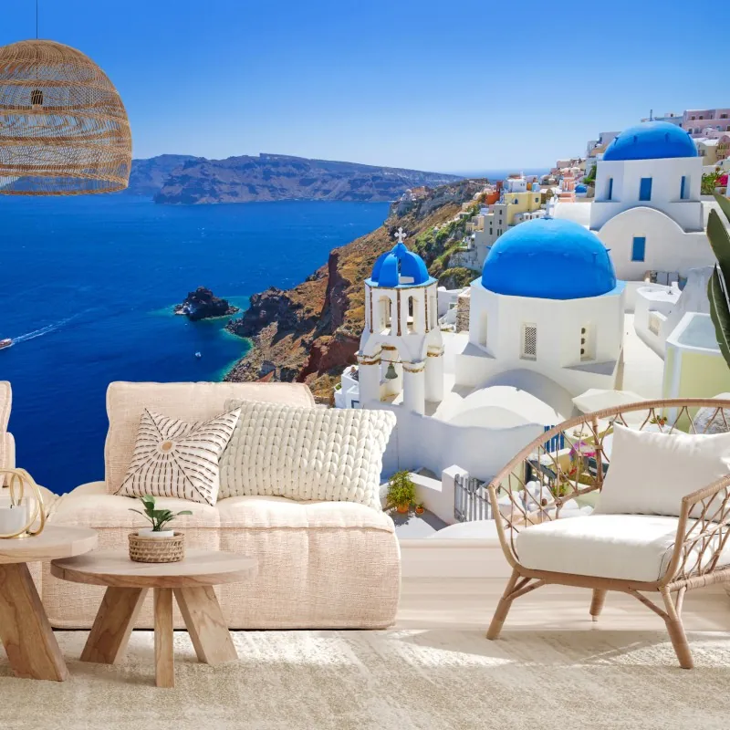 Fototapeta Santorini błękitne kopuły nad kalderą – Wallissimo® Fototapeta Santorini błękitne kopuły nad kalderą – Wallissimo®