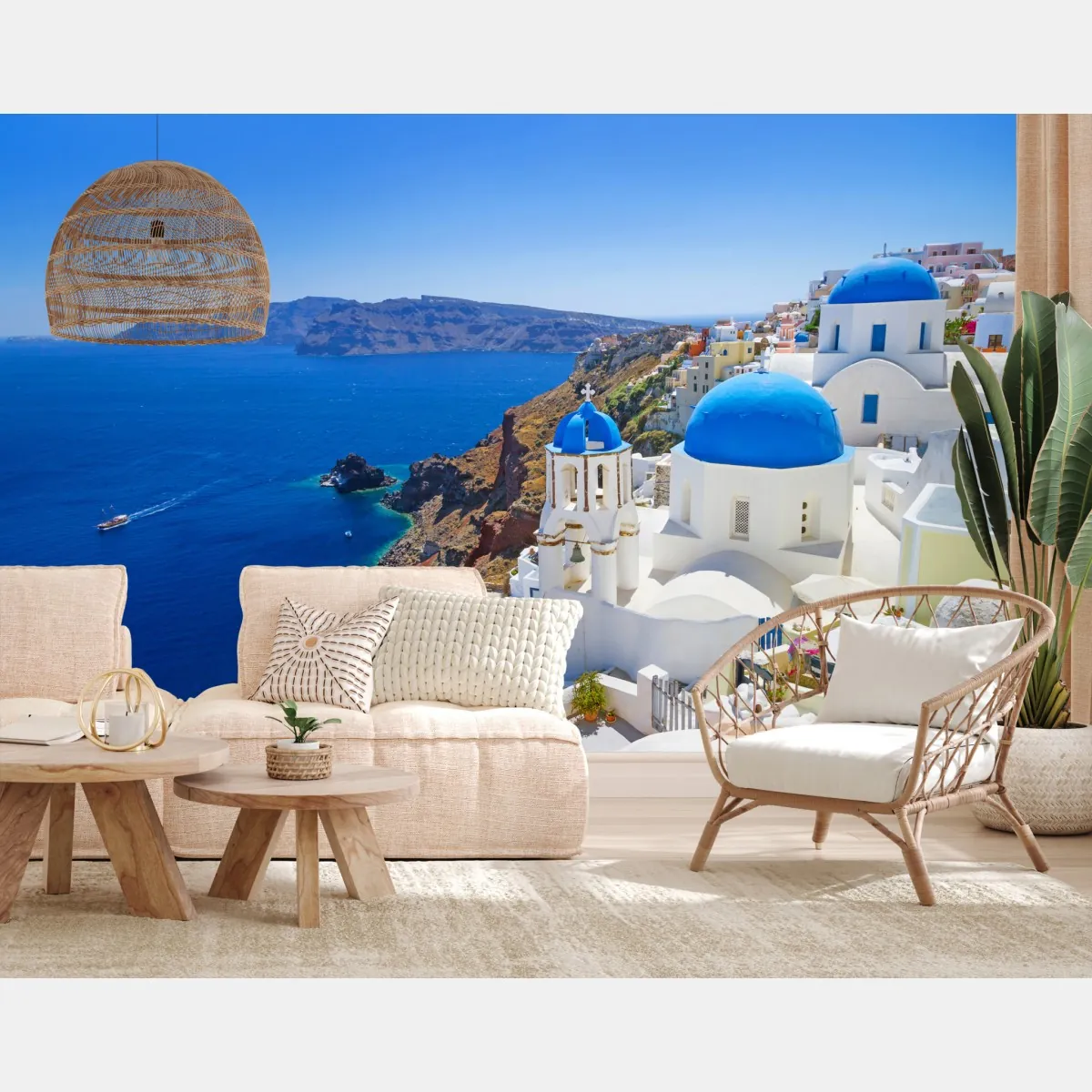 Fototapeta Santorini błękitne kopuły nad kalderą – Wallissimo® Fototapeta Santorini błękitne kopuły nad kalderą – Wallissimo®
