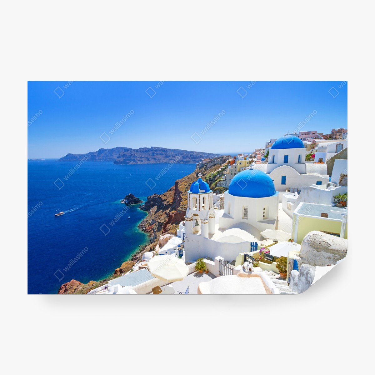 Fototapeta Santorini błękitne kopuły nad kalderą – Wallissimo® Fototapeta Santorini błękitne kopuły nad kalderą – Wallissimo®