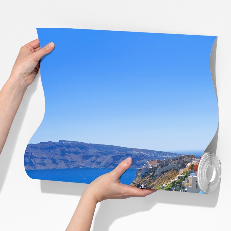 Fototapeta Santorini błękitne kopuły nad kalderą – Wallissimo® Fototapeta Santorini błękitne kopuły nad kalderą – Wallissimo®