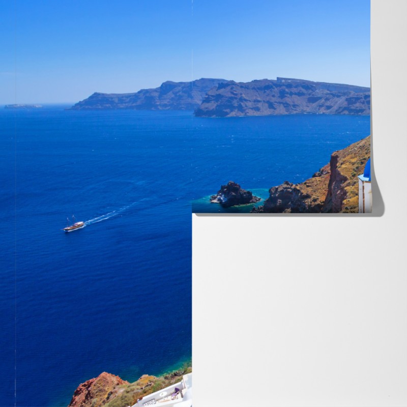 Fototapeta Santorini błękitne kopuły nad kalderą – Wallissimo® Fototapeta Santorini błękitne kopuły nad kalderą – Wallissimo®