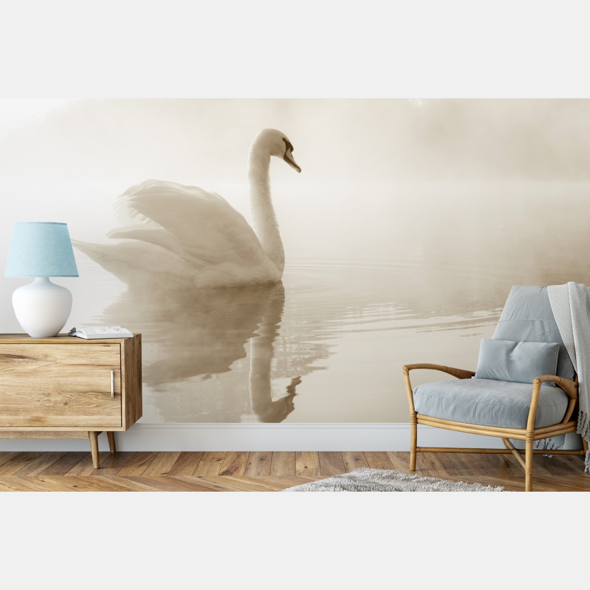 Wall mural elegant swan in misty reflection