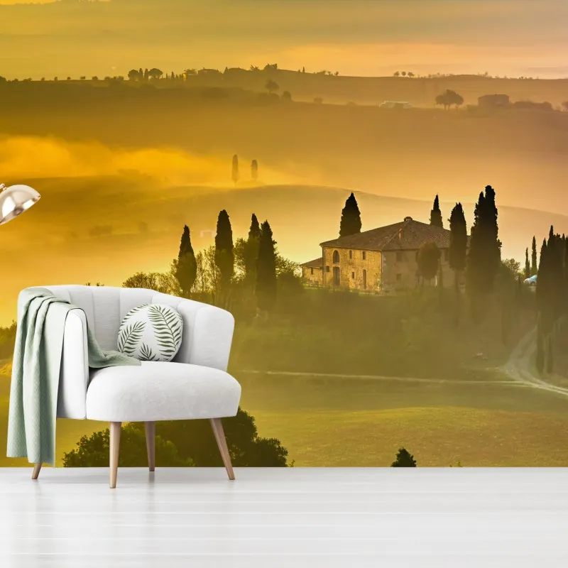 Fototapeta Toskania o świcie nad złotymi wzgórzami