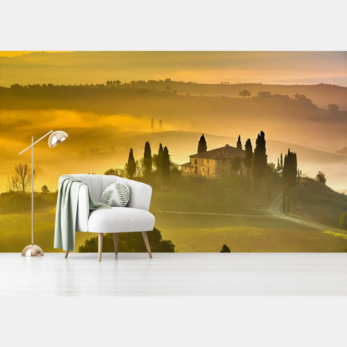 Fototapeta Toskania o świcie nad złotymi wzgórzami – Wallissimo® Fototapeta Toskania o świcie nad złotymi wzgórzami – Wallissimo®