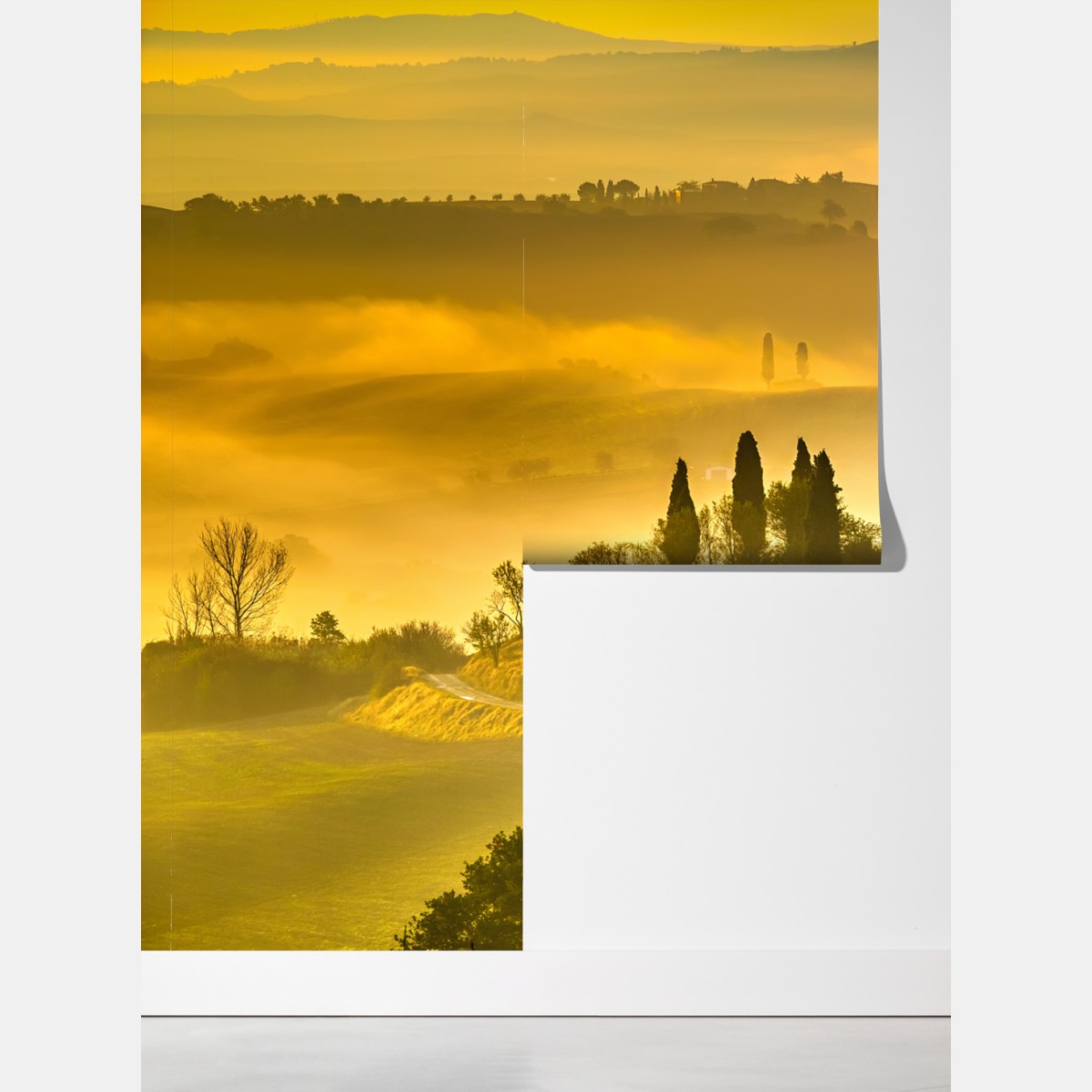 Fototapeta Toskania o świcie nad złotymi wzgórzami – Wallissimo® Fototapeta Toskania o świcie nad złotymi wzgórzami – Wallissimo®