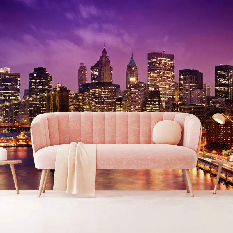 Fototapeta fioletowa panorama miasta z oświetlonym mostem – Wallissimo® Fototapeta fioletowa panorama miasta z oświetlonym mostem – Wallissimo®