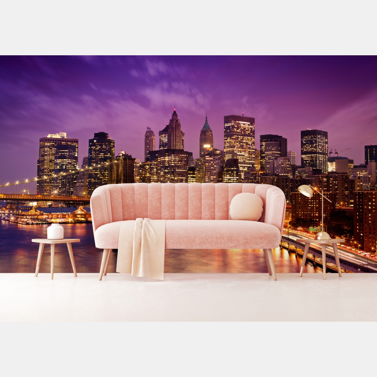 Wall mural purple skyline over illuminated city bridge