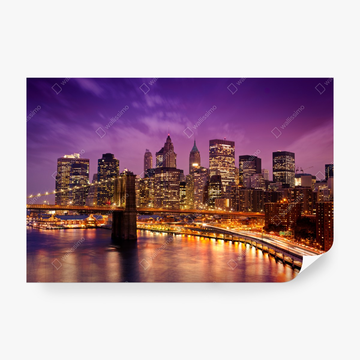 Fototapeta fioletowa panorama miasta z oświetlonym mostem – Wallissimo® Fototapeta fioletowa panorama miasta z oświetlonym mostem – Wallissimo®