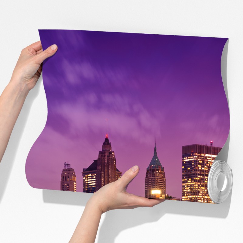 Fototapeta fioletowa panorama miasta z oświetlonym mostem – Wallissimo® Fototapeta fioletowa panorama miasta z oświetlonym mostem – Wallissimo®