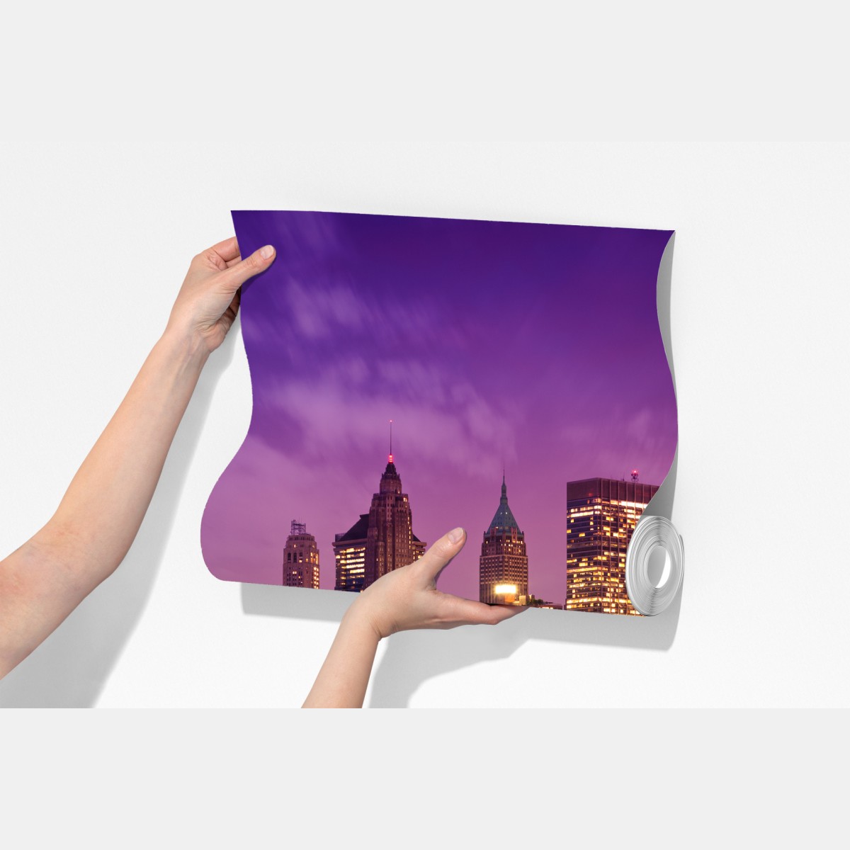 Fototapeta fioletowa panorama miasta z oświetlonym mostem – Wallissimo® Fototapeta fioletowa panorama miasta z oświetlonym mostem – Wallissimo®