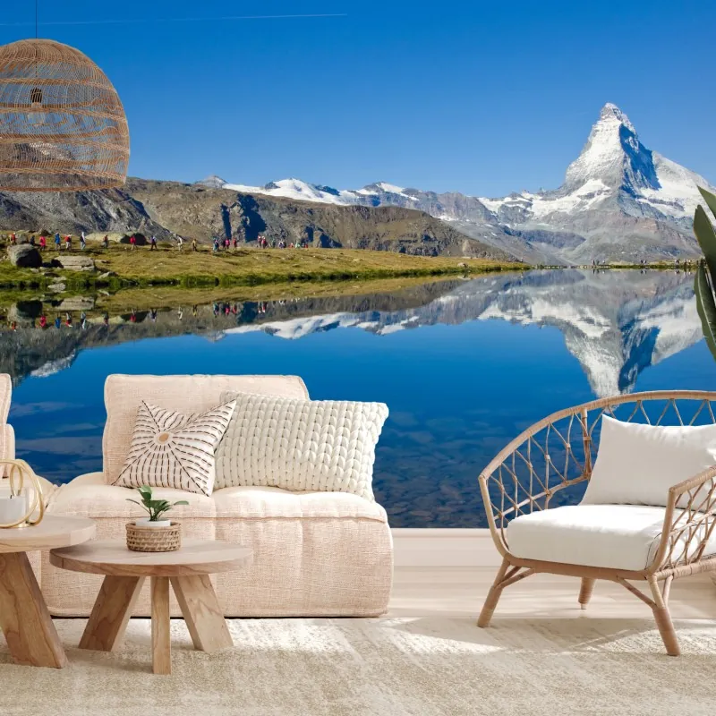 Fototapeta alpejskie odbicie górskie nad spokojnym jeziorem – Wallissimo® Fototapeta alpejskie odbicie górskie nad spokojnym jeziorem – Wallissimo®