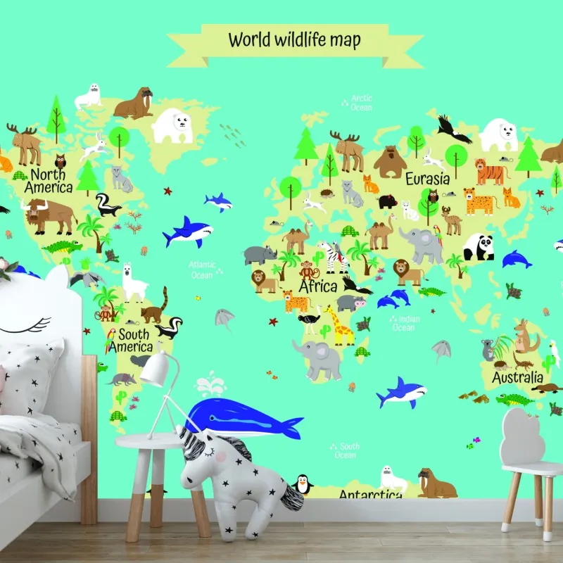 Fototapeta mapa świata ze zwierzętami dla dzieci