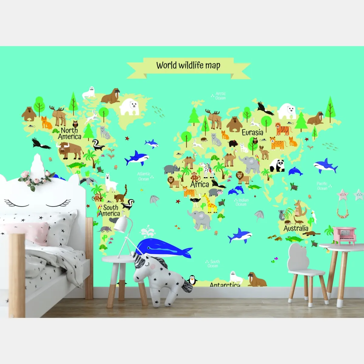 Fototapeta mapa świata ze zwierzętami dla dzieci – Wallissimo® Fototapeta mapa świata ze zwierzętami dla dzieci – Wallissimo®