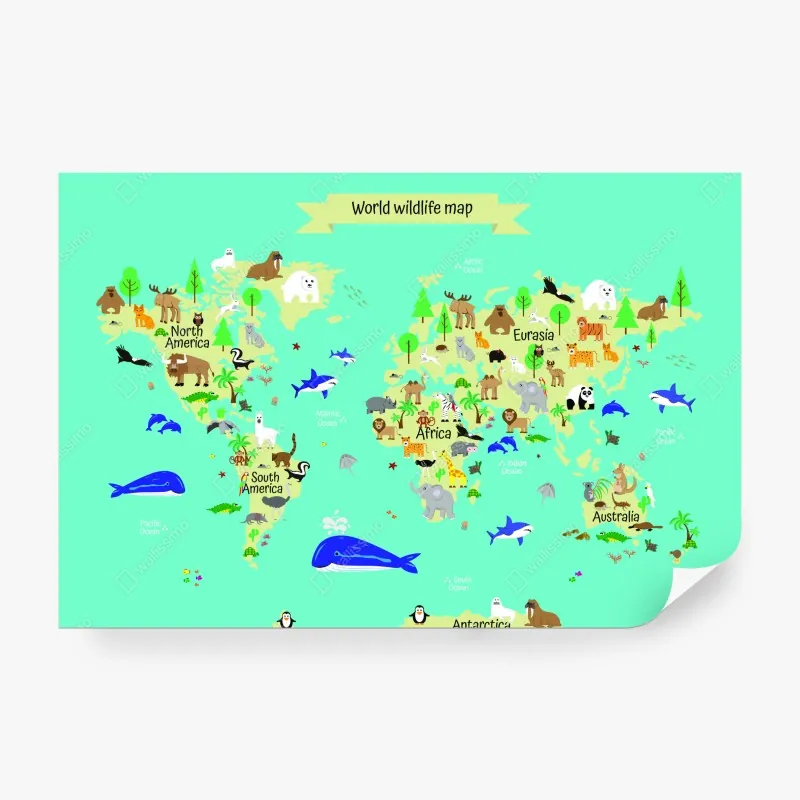 Fototapeta mapa świata ze zwierzętami dla dzieci