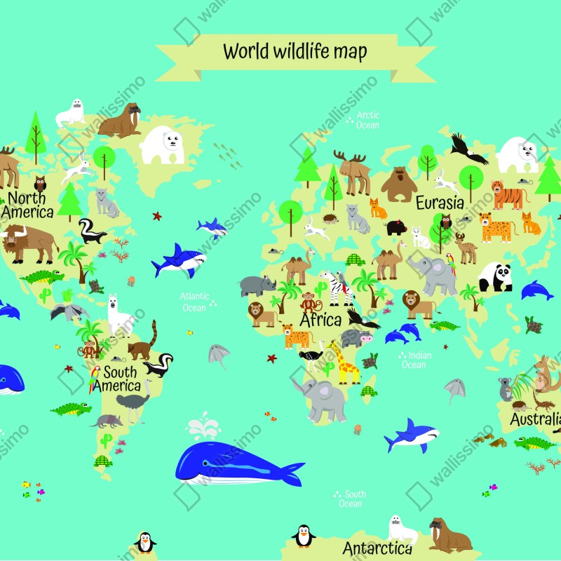Fototapeta mapa świata ze zwierzętami dla dzieci – Wallissimo® Fototapeta mapa świata ze zwierzętami dla dzieci – Wallissimo®