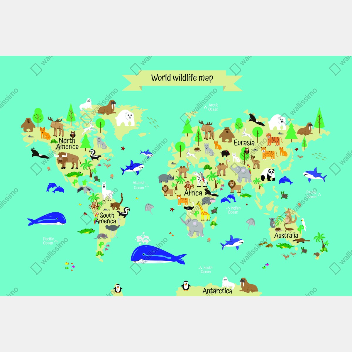Fototapeta mapa świata ze zwierzętami dla dzieci – Wallissimo® Fototapeta mapa świata ze zwierzętami dla dzieci – Wallissimo®