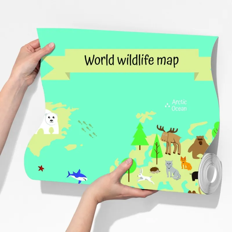 Fototapeta mapa świata ze zwierzętami dla dzieci – Wallissimo® Fototapeta mapa świata ze zwierzętami dla dzieci – Wallissimo®