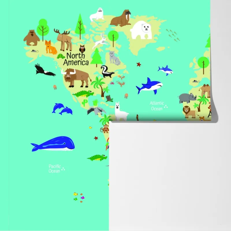 Fototapeta mapa świata ze zwierzętami dla dzieci – Wallissimo® Fototapeta mapa świata ze zwierzętami dla dzieci – Wallissimo®