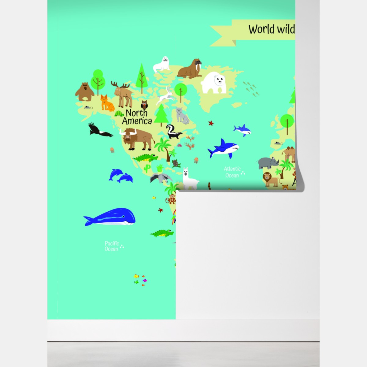 Fototapeta mapa świata ze zwierzętami dla dzieci – Wallissimo® Fototapeta mapa świata ze zwierzętami dla dzieci – Wallissimo®