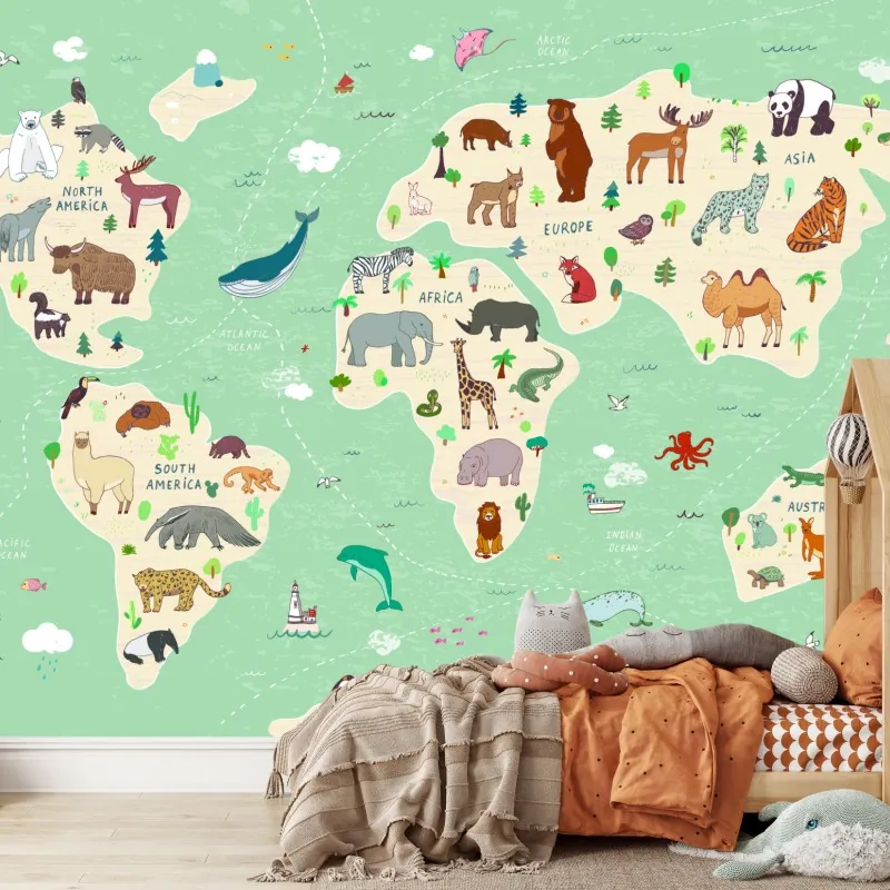 Fototapeta zabawna mapa świata ze zwierzętami