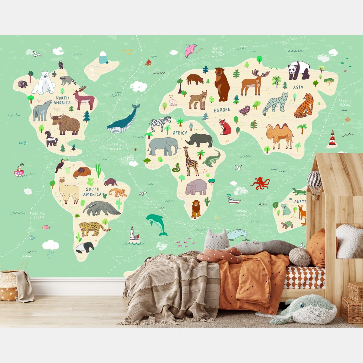 Wall mural playful animal world map
