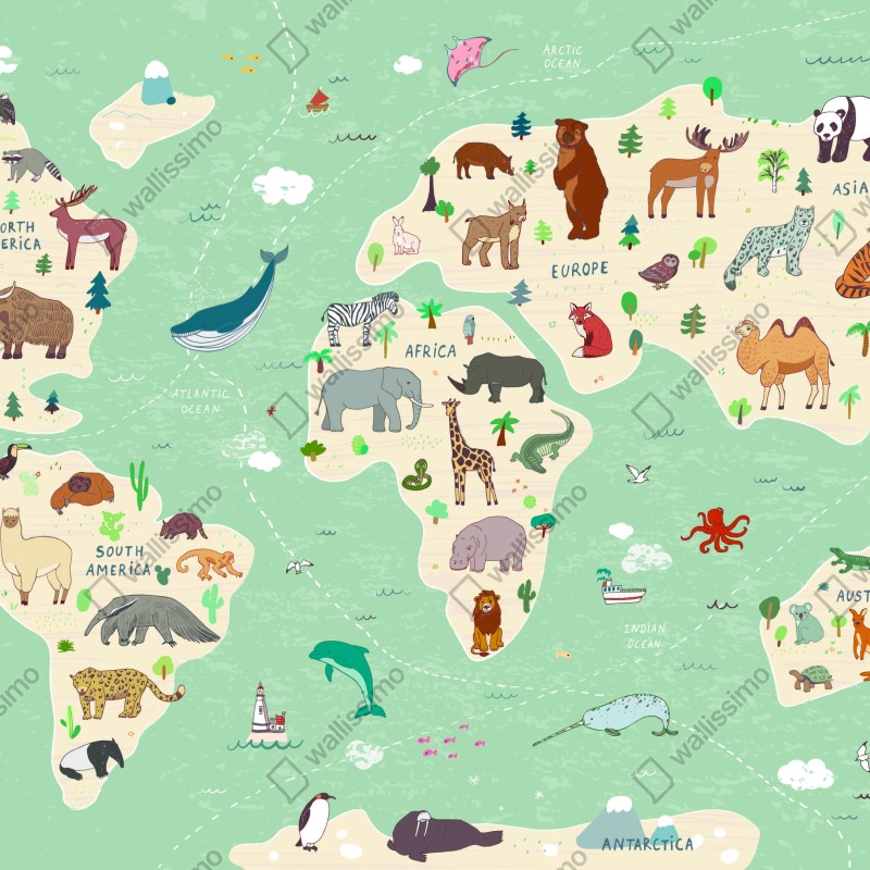 Fototapeta zabawna mapa świata ze zwierzętami – Wallissimo® Fototapeta zabawna mapa świata ze zwierzętami – Wallissimo®