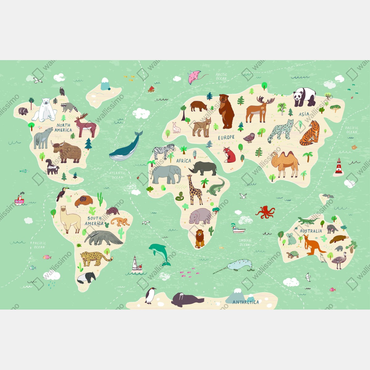 Fototapeta zabawna mapa świata ze zwierzętami – Wallissimo® Fototapeta zabawna mapa świata ze zwierzętami – Wallissimo®