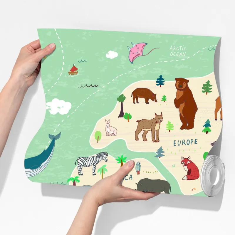 Fototapeta zabawna mapa świata ze zwierzętami – Wallissimo® Fototapeta zabawna mapa świata ze zwierzętami – Wallissimo®