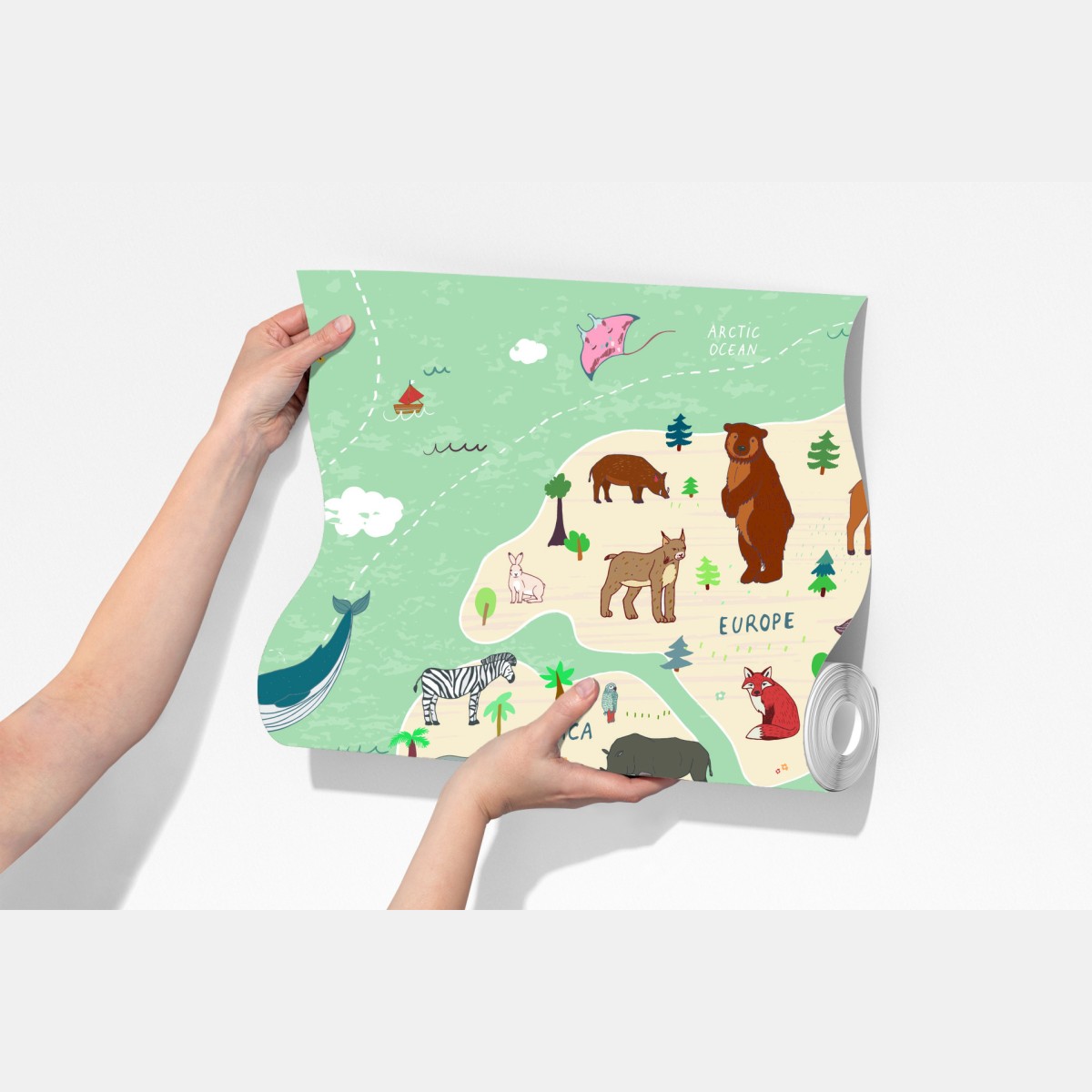 Fototapeta zabawna mapa świata ze zwierzętami – Wallissimo® Fototapeta zabawna mapa świata ze zwierzętami – Wallissimo®
