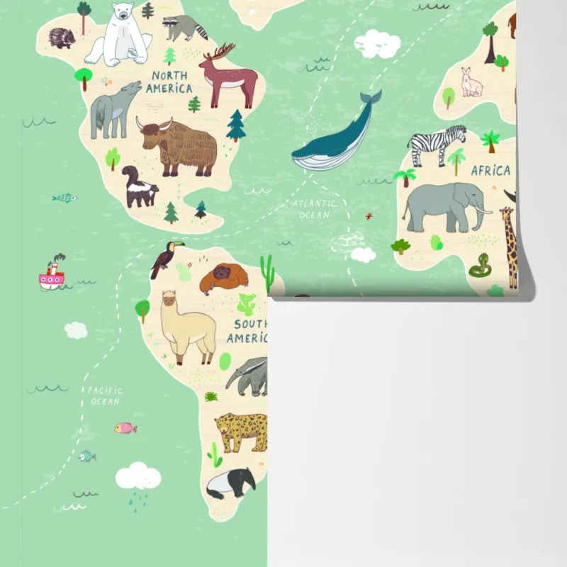 Fototapeta zabawna mapa świata ze zwierzętami – Wallissimo® Fototapeta zabawna mapa świata ze zwierzętami – Wallissimo®