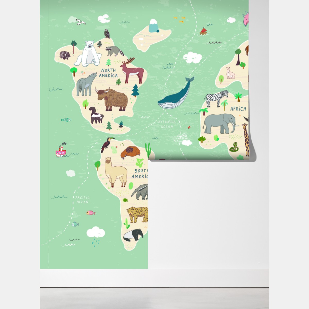 Fototapeta zabawna mapa świata ze zwierzętami – Wallissimo® Fototapeta zabawna mapa świata ze zwierzętami – Wallissimo®