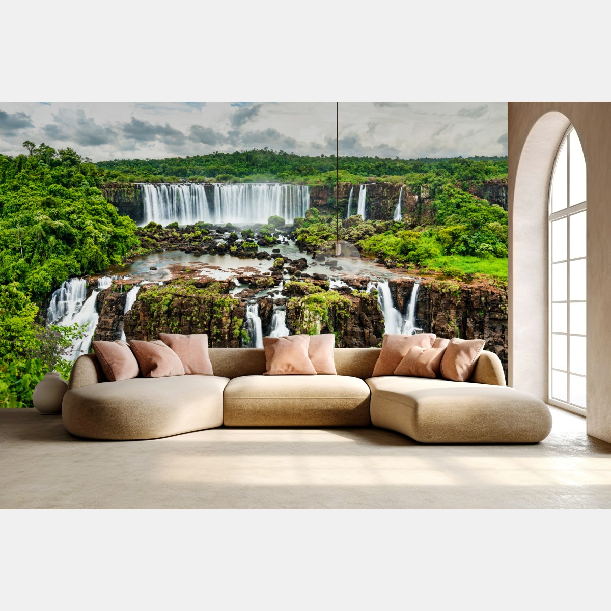Wall mural lush green waterfall panorama