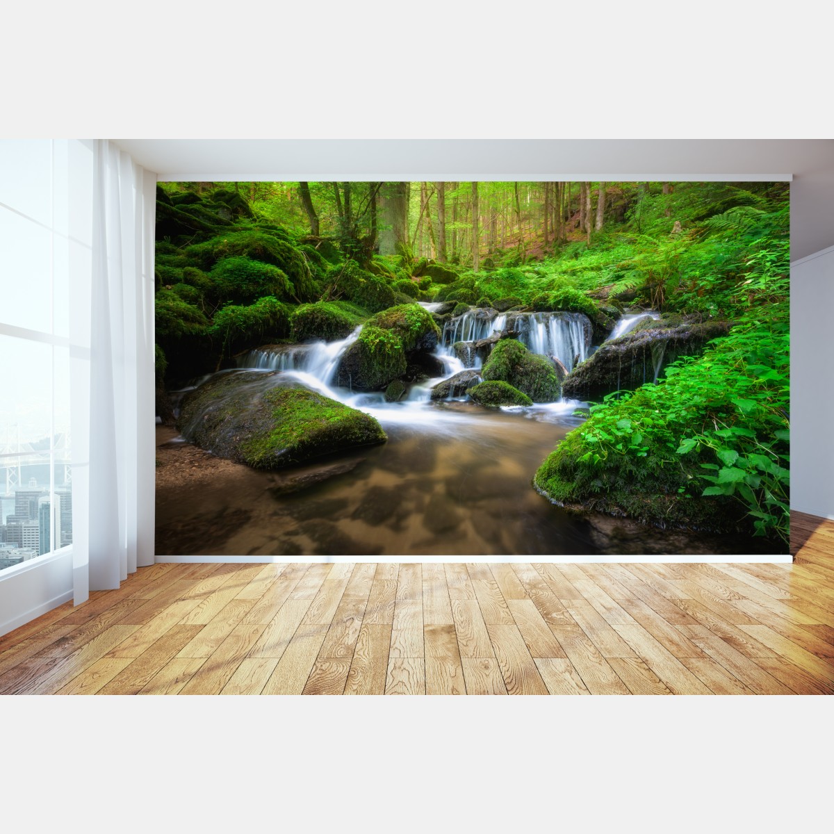 Wall mural tranquil mossy forest waterfall