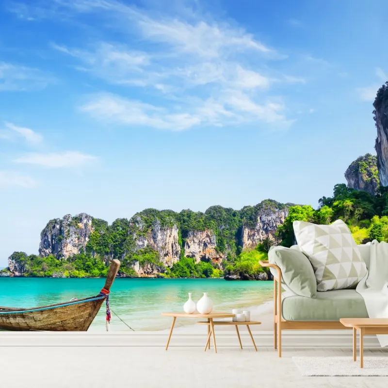 Fototapeta tradycyjna łódź na plaży Railay, Tajlandia