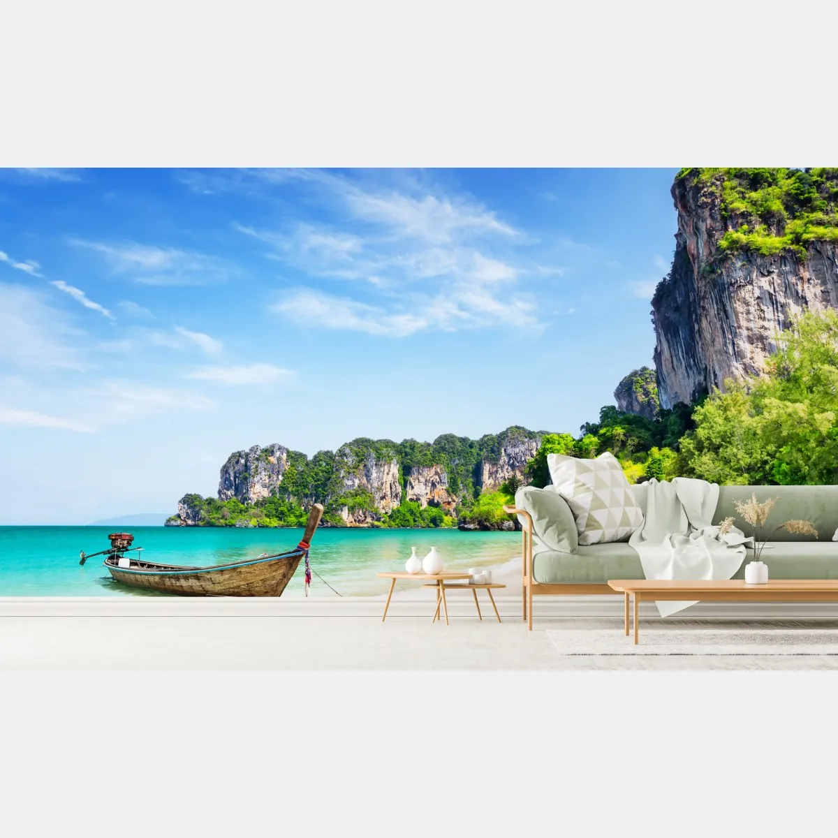 Fototapeta tradycyjna łódź na plaży Railay, Tajlandia – Wallissimo® Fototapeta tradycyjna łódź na plaży Railay, Tajlandia – Wallissimo®