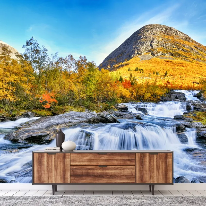 Fototapeta złoty jesienny wodospad – Wallissimo® Fototapeta złoty jesienny wodospad – Wallissimo®