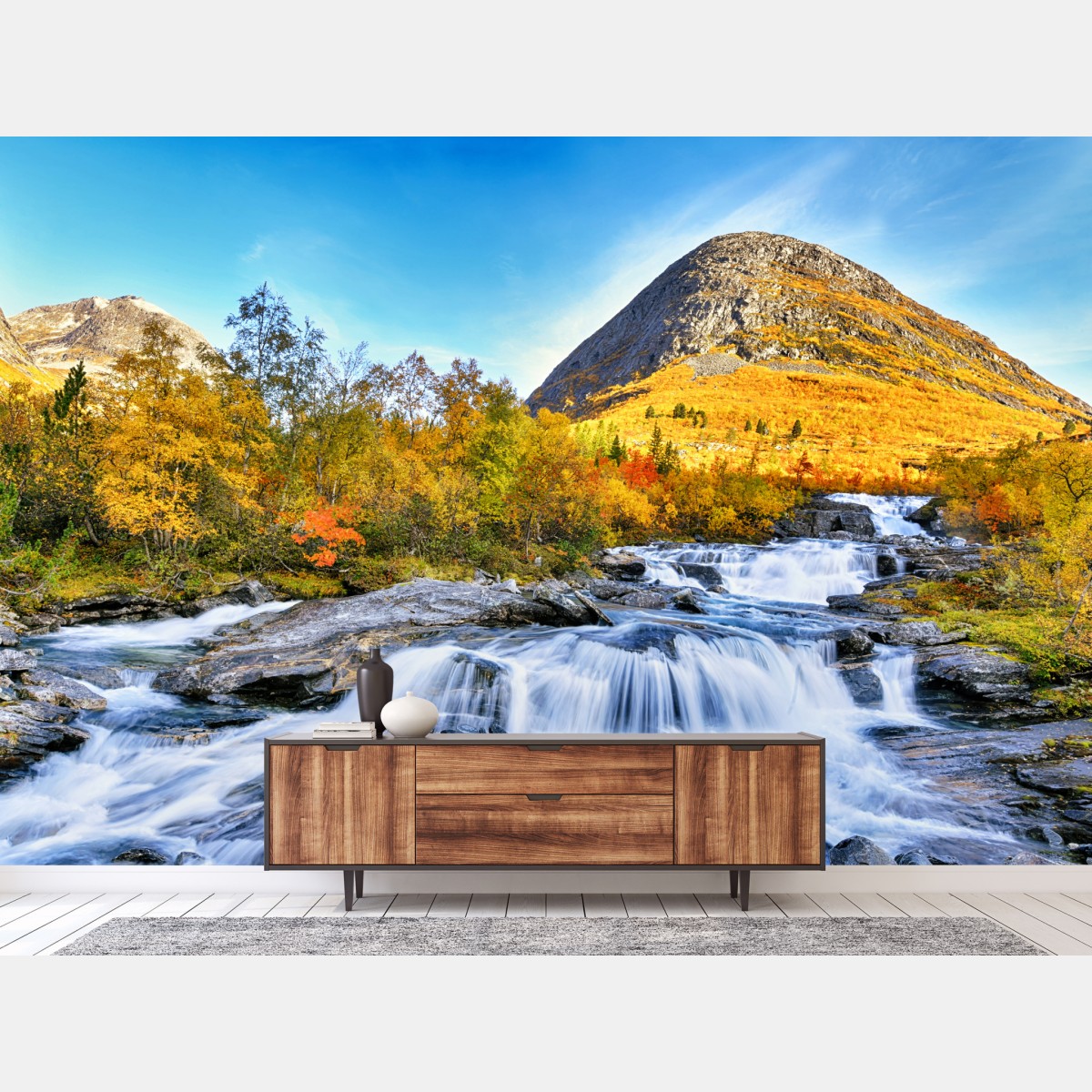 Wall mural golden autumn waterfall landscape