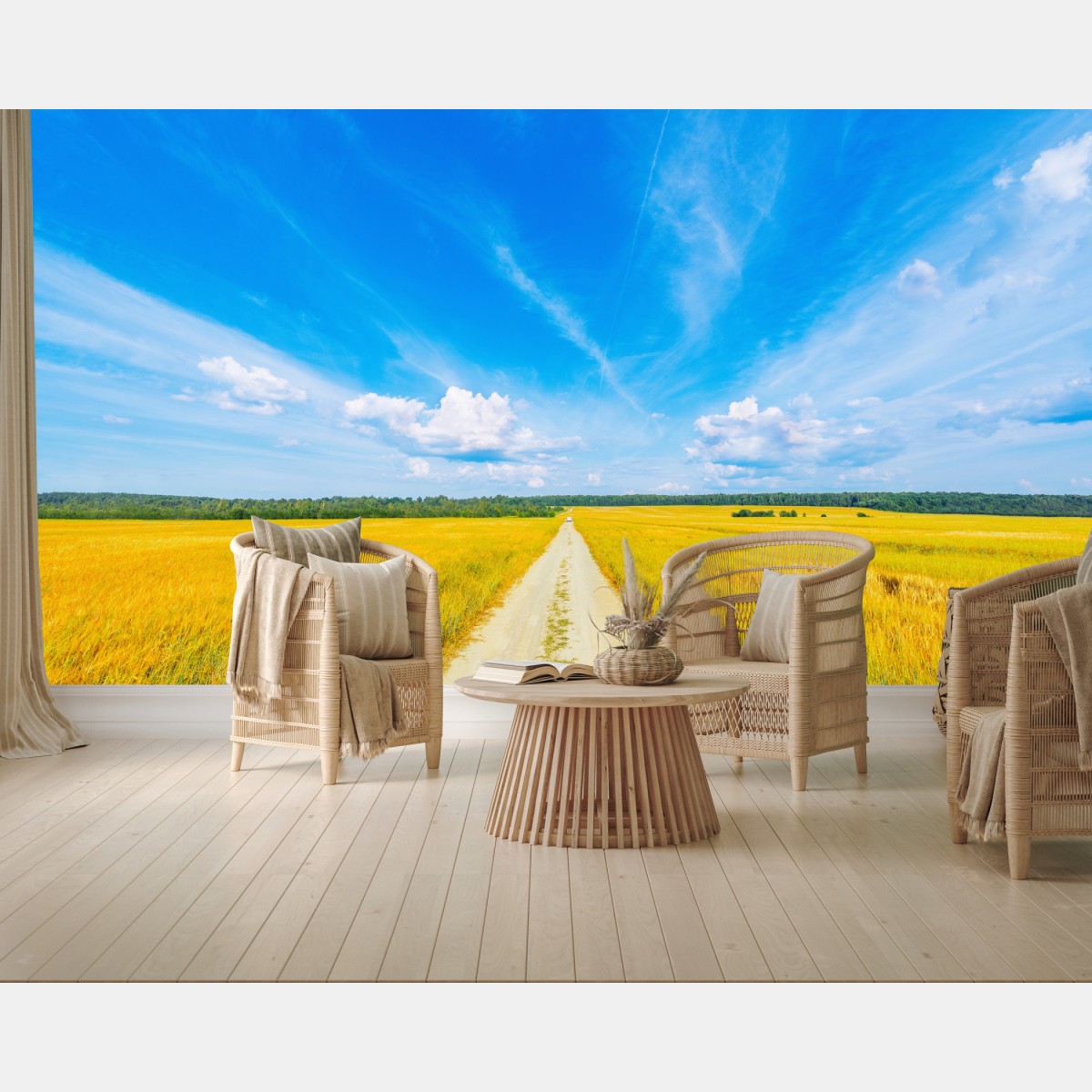Wall mural golden meadow under a wide blue sky