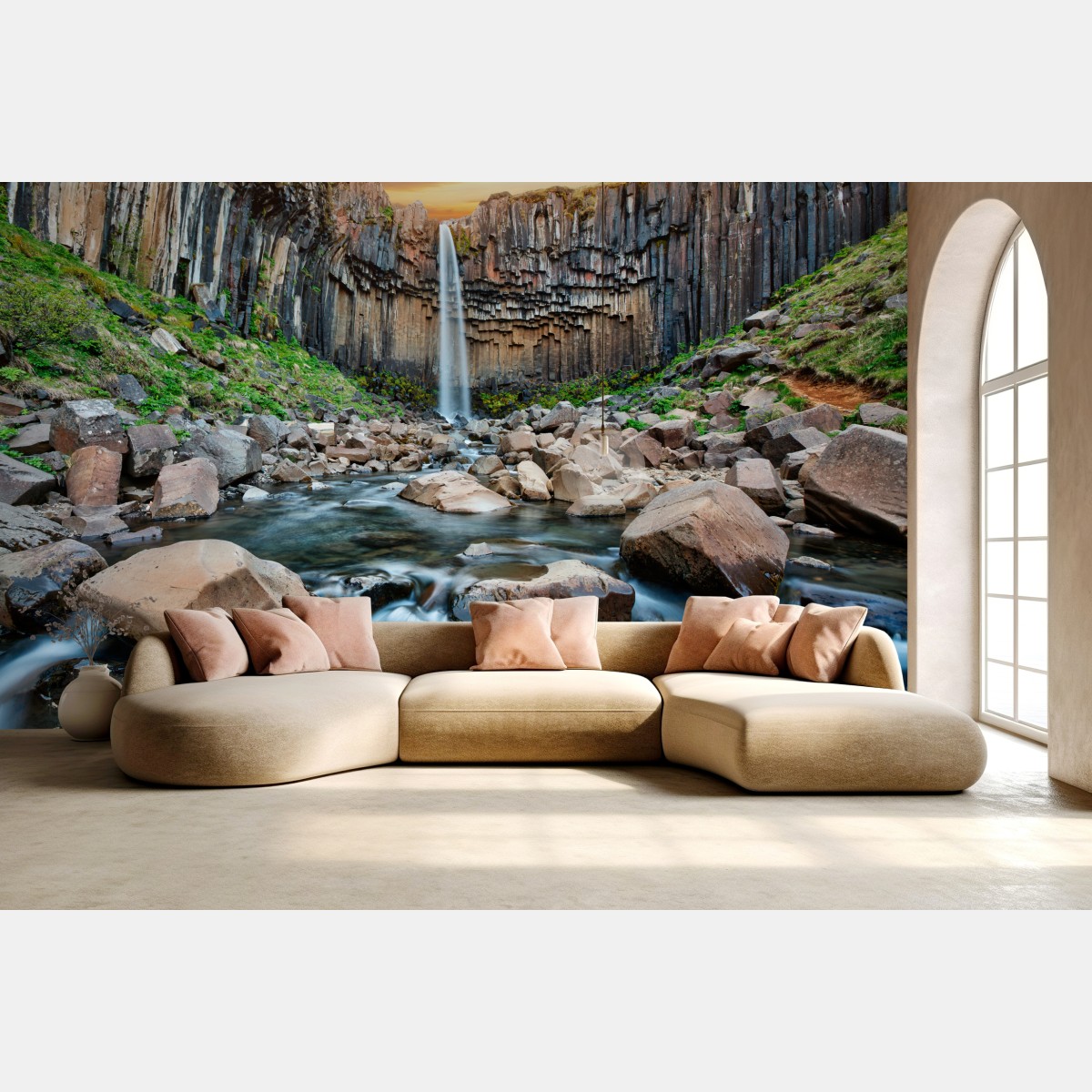 Wall mural dramatic waterfall amid basalt cliffs