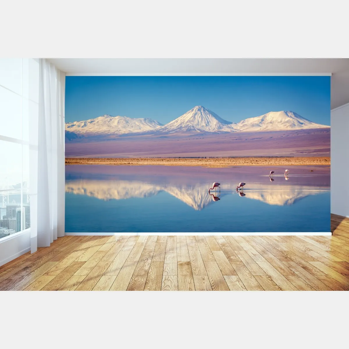 Fototapeta Laguna Chaxa z flamingami i Licancabur – Wallissimo® Fototapeta Laguna Chaxa z flamingami i Licancabur – Wallissimo®