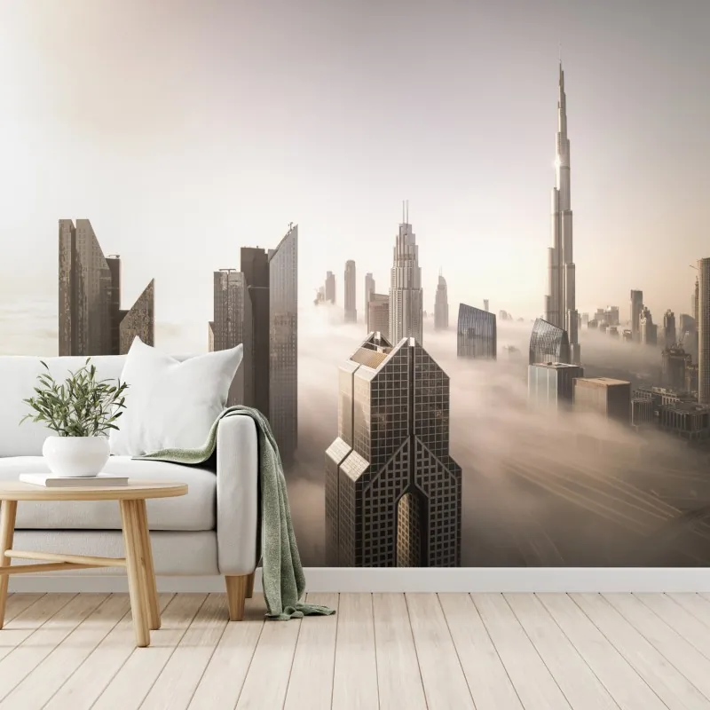 Fototapeta mglista panorama Dubaju nad chmurami
