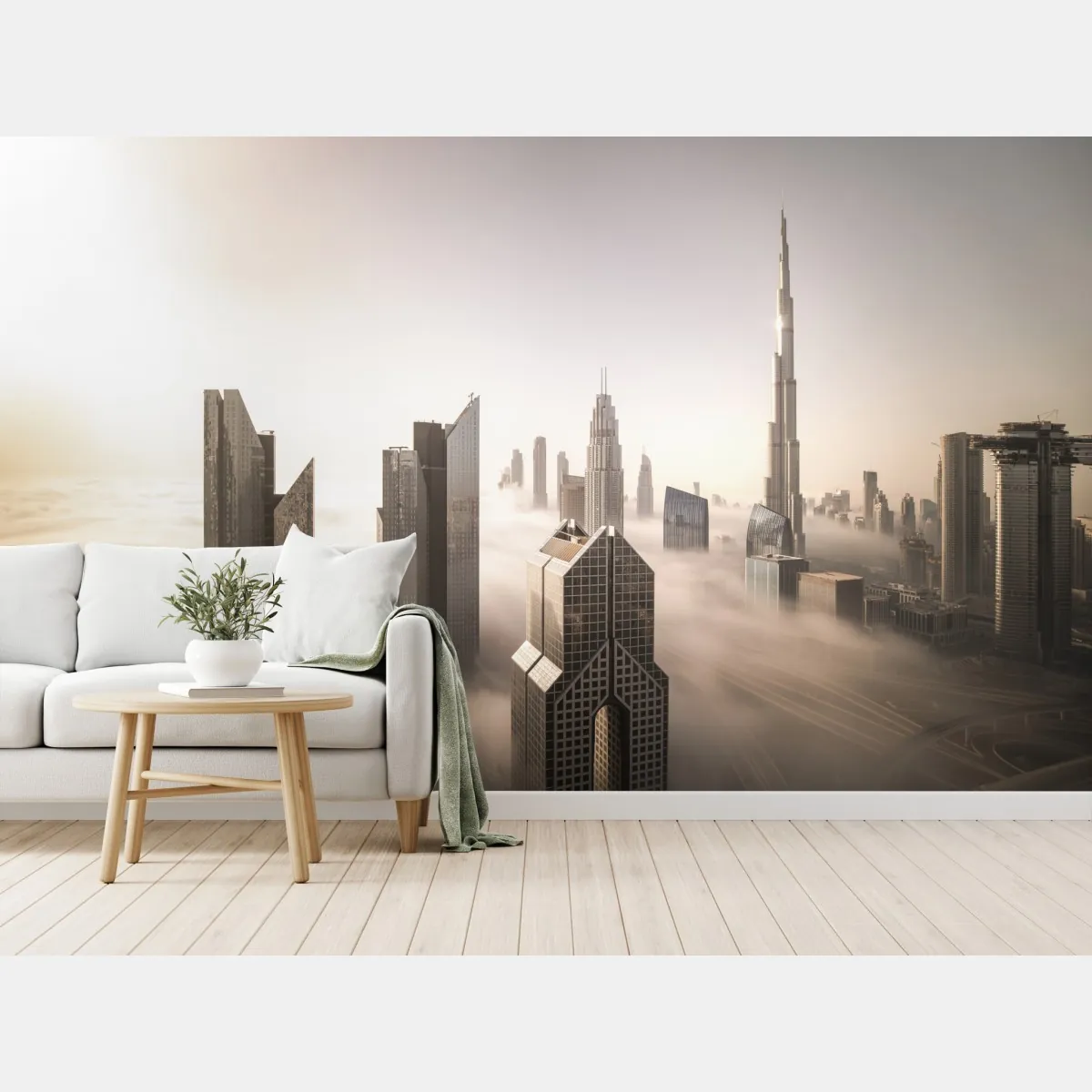 Fototapeta mglista panorama Dubaju nad chmurami – Wallissimo® Fototapeta mglista panorama Dubaju nad chmurami – Wallissimo®